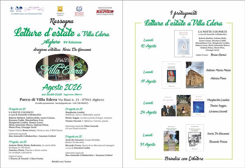 Quindici anni di libri e versi in via Biasi: al via ad Alghero la rassegna letteraria di Villa Edera
