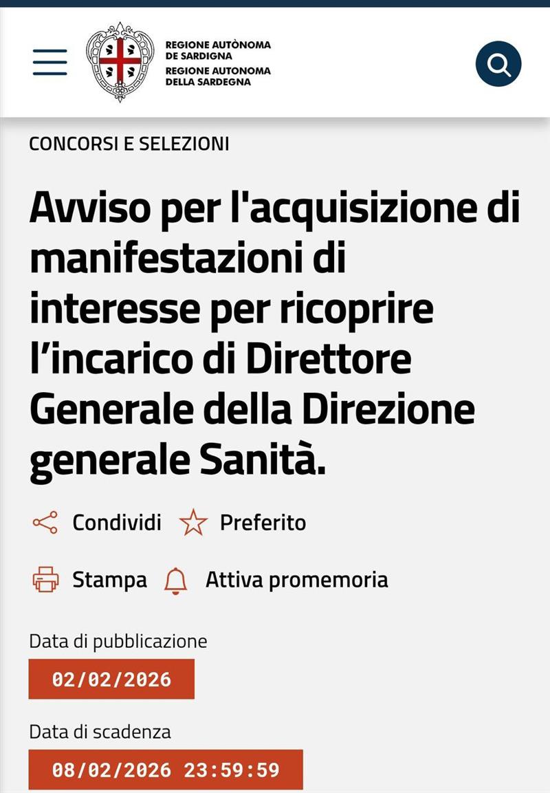 Manifestazione di interesse della Regione Sardegna per un nuovo Direttore Generale dell