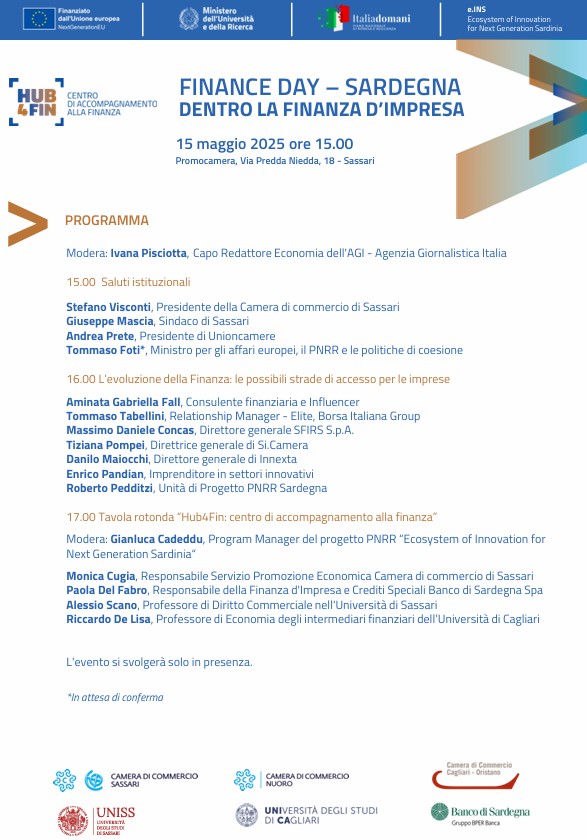 Finance Day Sardegna: il 15 maggio a Sassari l’evento “Dentro la finanza d’impresa” per imprese e giovani