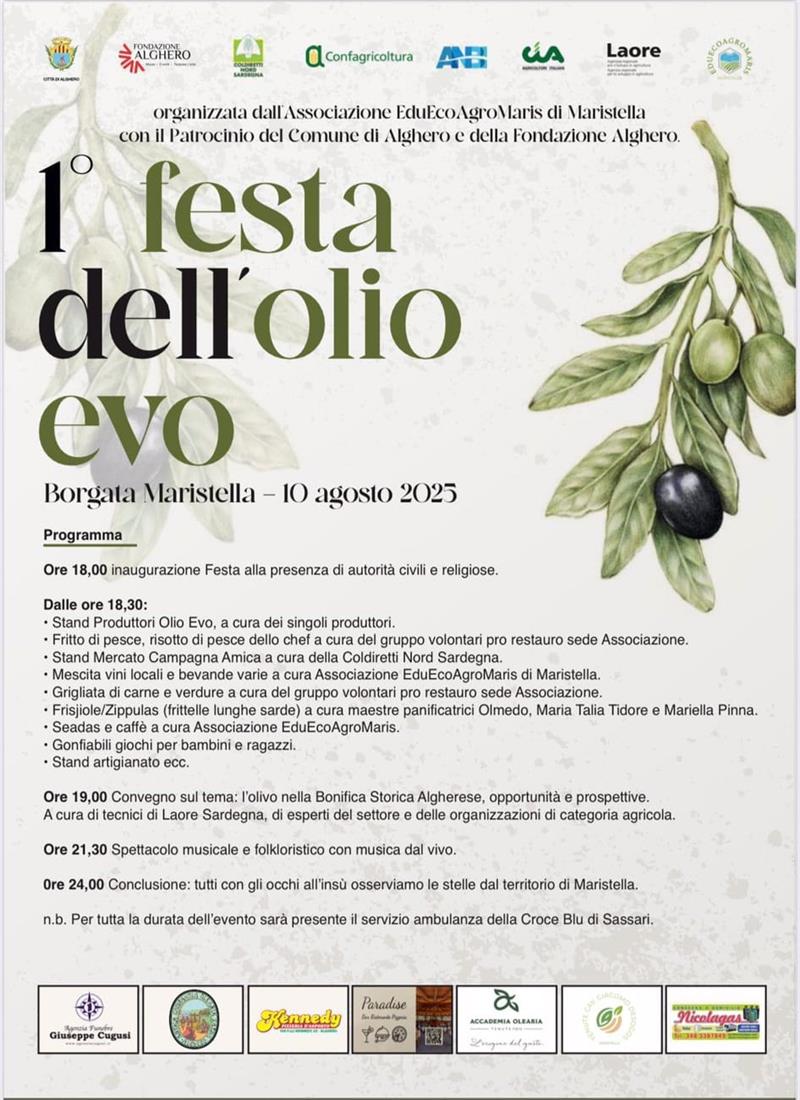 Alghero: il 10 agosto a Maristella la prima Festa dell’Olio Evo, tra degustazioni, musica e identità