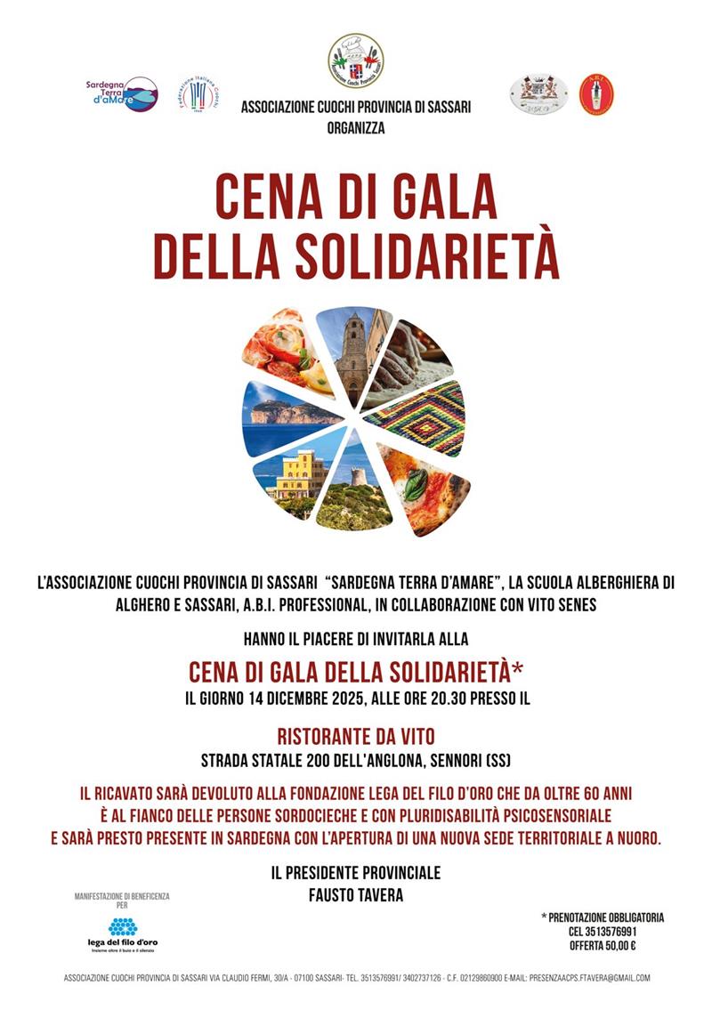 Cena di gala della solidarietà – 14 dicembre, ore 20.30, Ristorante “Da Vito”, Sennori