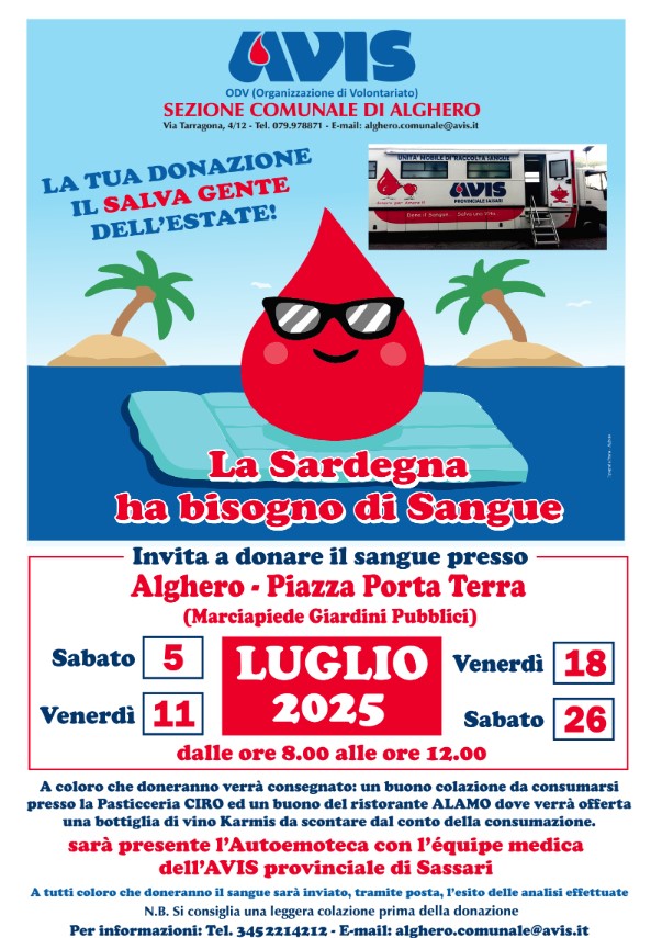 Alghero, l’Avis chiama: «Il sangue non va in vacanza»
