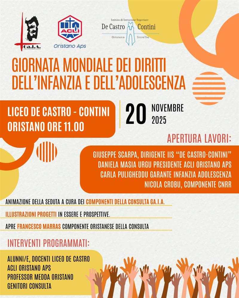 Oristano, il 20 novembre al De Castro–Contini l’incontro con la Garante regionale per la Giornata dei diritti dell’infanzia