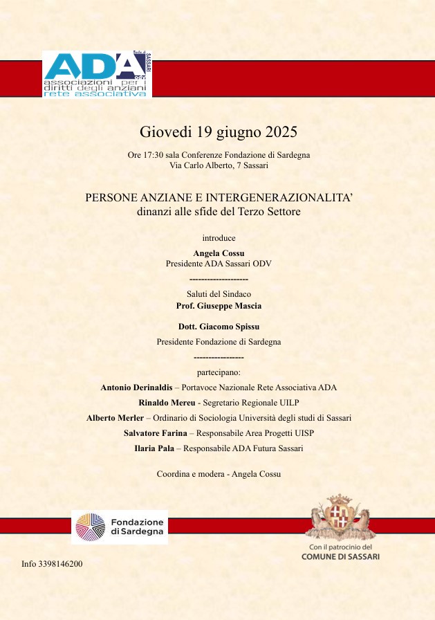 Sassari: riflettori puntati sul ruolo sociale degli anziani e delle nuove generazioni nel volontariato
