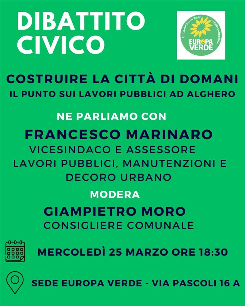 Alghero: Assessori "alla sbarra" una volta al mese: Europa Verde apre la sede. Mercoledì si parte con i Lavori Pubblici