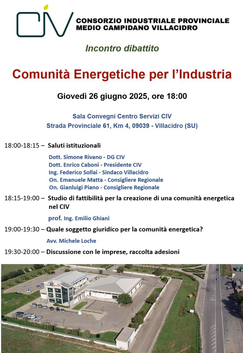 Villacidro: il 26 giugno incontro pubblico sulla comunità energetica per le imprese