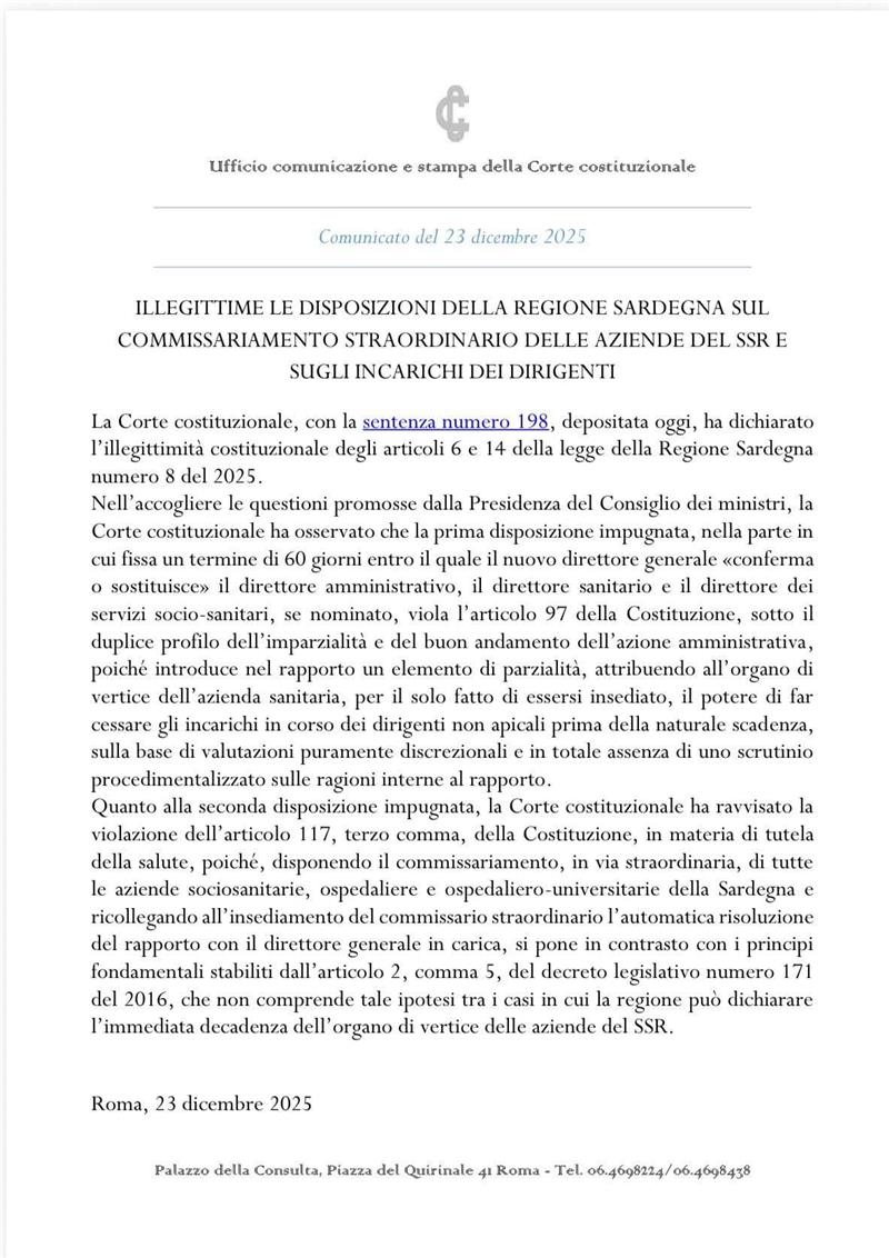 Sanità sarda, la Consulta boccia il commissariamento: illegittime le norme della Regione