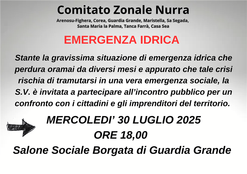 Crisi idrica nella Nurra, il Comitato Zonale convoca un incontro pubblico: “Emergenza agricola e sociale”