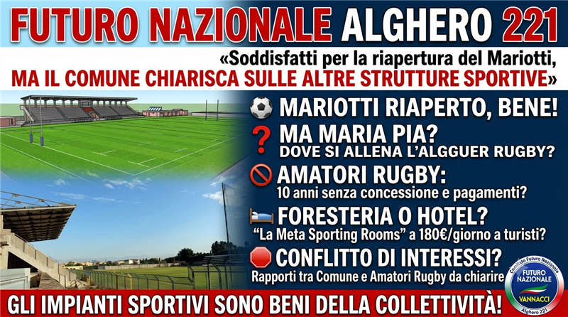 Alghero, Futuro Nazionale chiede chiarimenti al Comune sulla gestione degli impianti sportivi