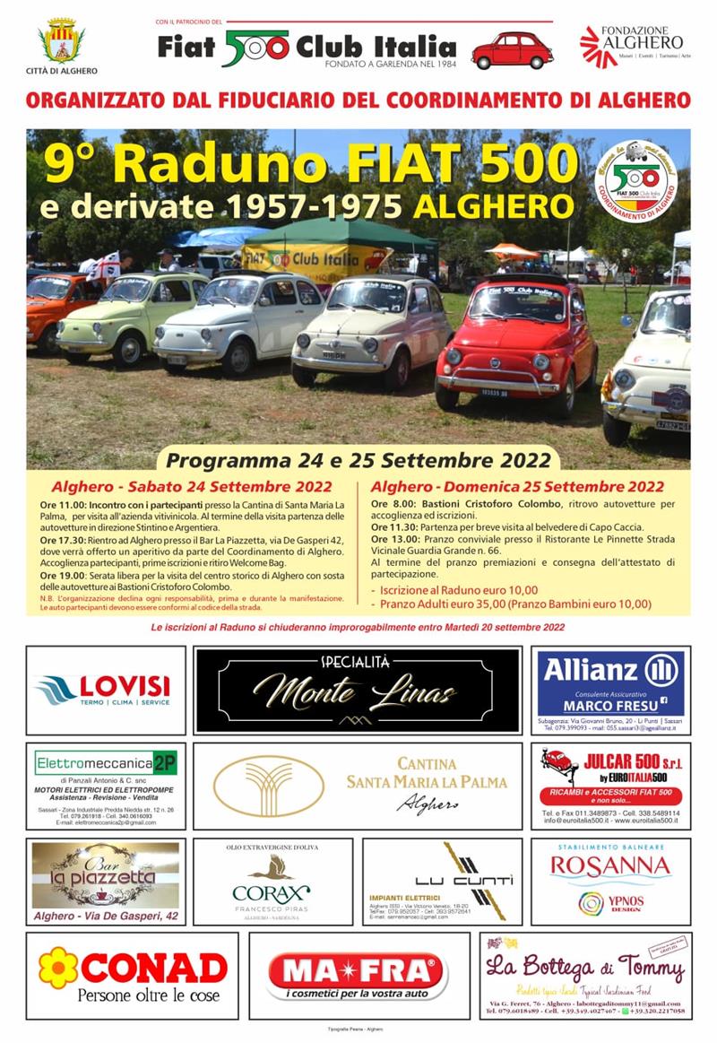 Il Raduno Nazionale Fiat 500 sceglie Alghero, sabato 24 e domenica 25 settembre