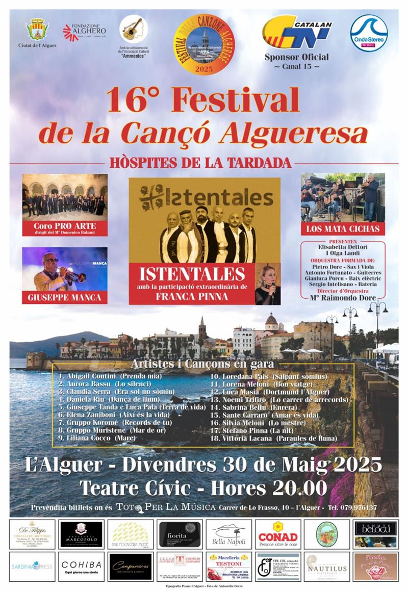 Alghero: torna il Festival della Canzone Algherese, venerdì 30 maggio la 16ª edizione al Teatro Civico