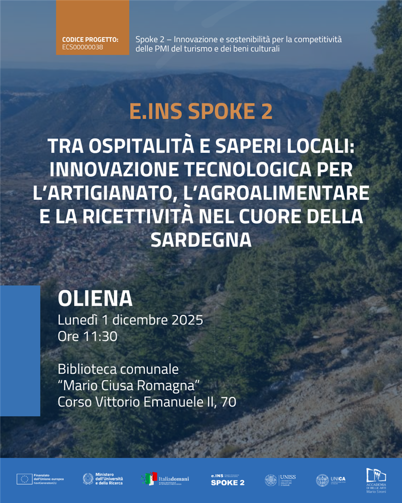 Ad Oliena lo Spoke 2 di e.INS: innovazione tecnologica per artigianato, enogastronomia e ospitalità nel cuore della Sardegna